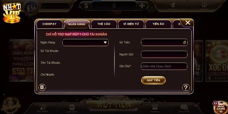 Nhatvip Hoàn tất thủ tục nạp tiền